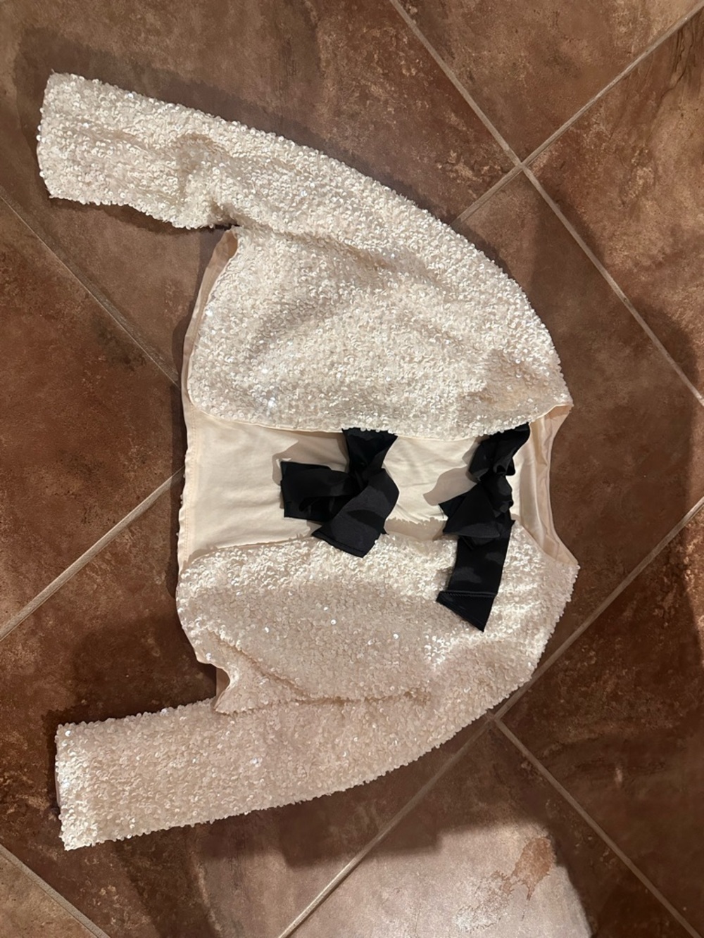 Commense Cream Sequin Jacket with Black Ribbon Detail